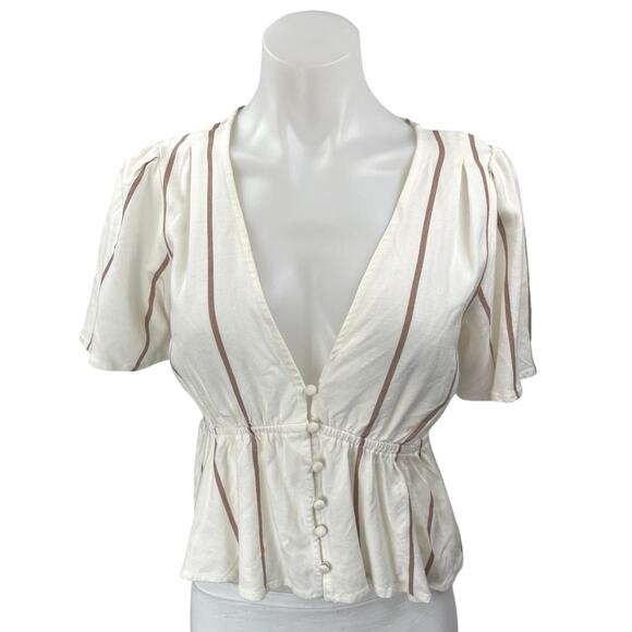 O'Neill Cream Brown Striped Short Sleeve Button Down Peplum Blouse Top Size M - Picture 1 of 4